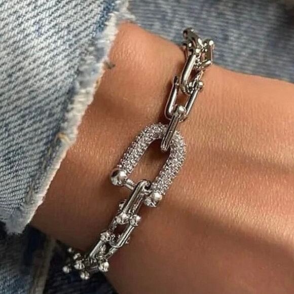 Sterling Silver U Link Zircon Bracelet Unisex Horse Shoe - Picture 2 of 6